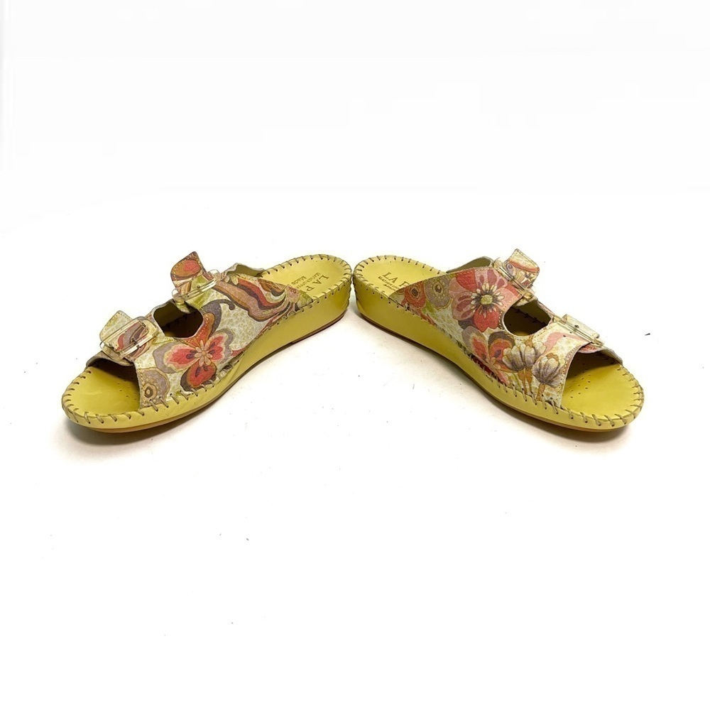 Vintage Y2K deadstock chartreuse leather floral print buckle strap sandals - Picture 7 of 8